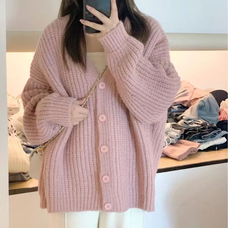 粉色毛衣开衫女入秋外套外穿温柔慵懒风甜美宽松网红粗针针织衫潮|undefined