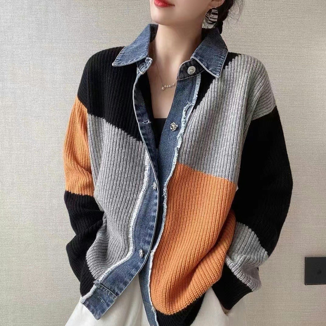 Women's Clothing 2023 autumn new version long sleeved lapel color matching two piece cardigan women's jacket denim_voghion.com