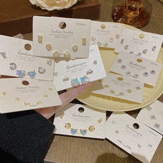 精致小巧镶钻耳钉925银针简约通勤耳环轻奢高级感一卡三对耳饰女