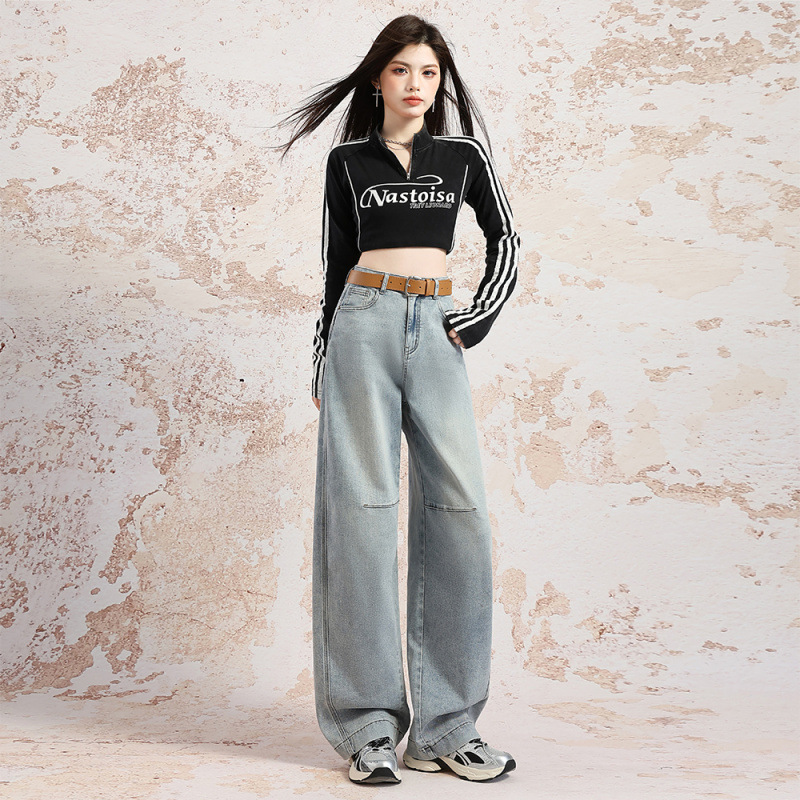 Jeans de pierna ancha azul claro de primavera de mujeres, nuevo tamaño de pera, cintura alta, pantalones de macheta rectos sueltos y delgados