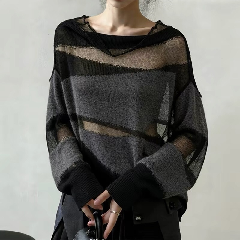 Korean-Style Mesh Patchwork Hollow-Out Knit Sweater for Women, Unique and Chic Design, Lazy Style Loose Top for Spring and Autumn