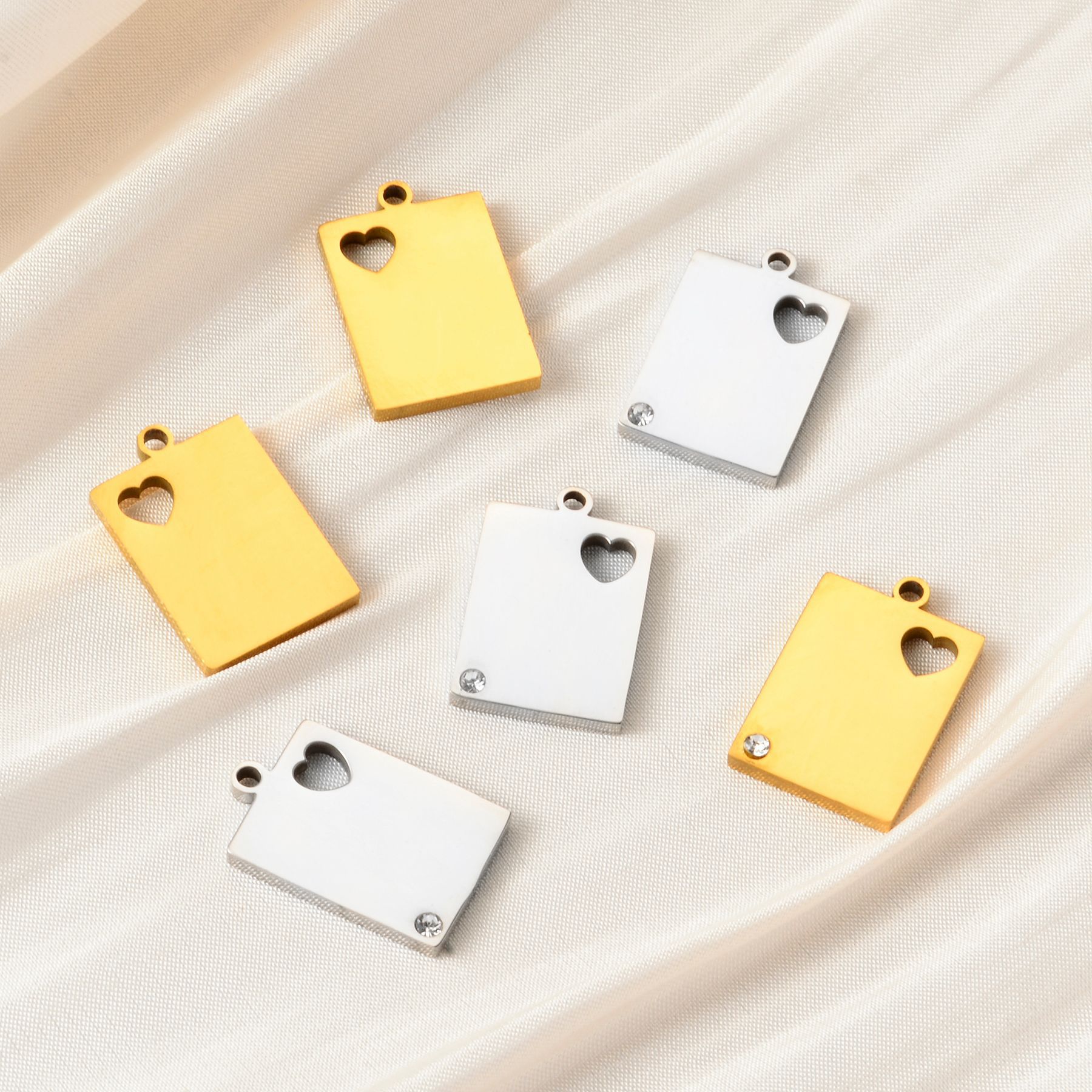 Heart Shape, Solid Color, Rectangle Pattern Polished Finish 5 PCS/Package 12 * 18mm 304 Stainless Steel Zircon Heart Shape Solid Color Rectangle Polished Pendant