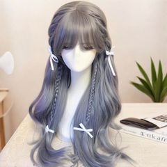 男性と女性のためのウィッグロングカーリーヘアウェーブエア前髪ロリータロリータソフトガールCOSシルバーグレー全頭カバー