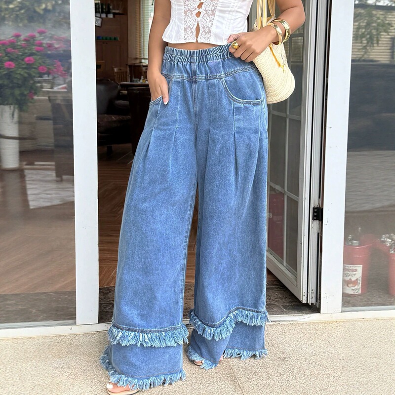 In-stock European and American women's jeans with elastic waist, double-layered raw hem, wide-leg, floor-length, soft washed denim casual pants In-stock European and American women's jeans with elastic waist, double-layered raw hem, wide-leg, floor-length, soft washed denim casual pants
