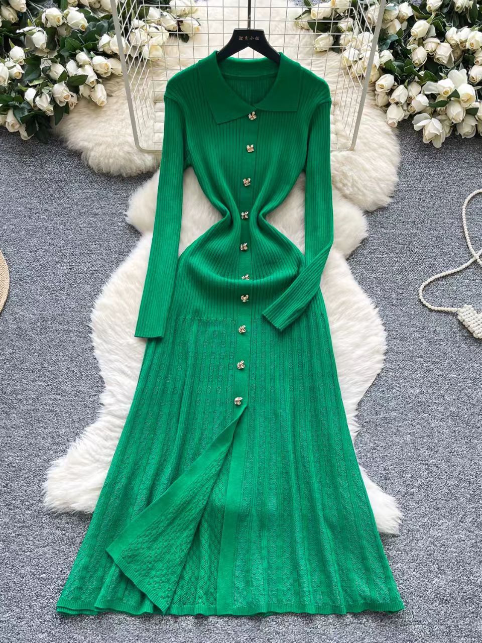 Summer retro metal long-sleeve, knitted dress, green brace, long skirt, french style, polo collar