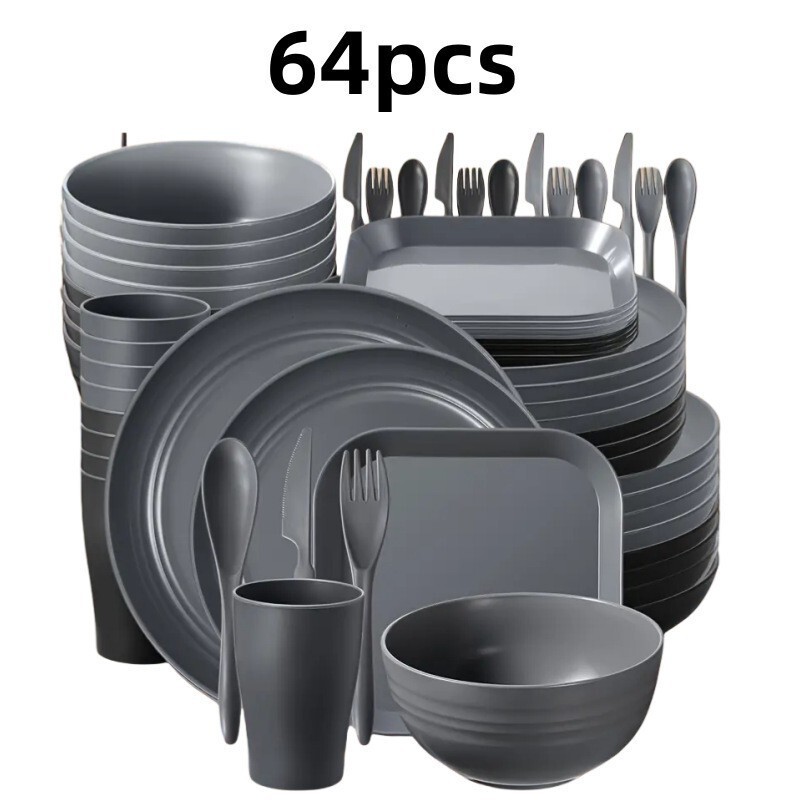 Amazon Wheat Straw Plate Bowl Cup Knife Fork Spoon Tableware Set Outdoor Camping Travel Bowl Plate Cup Set