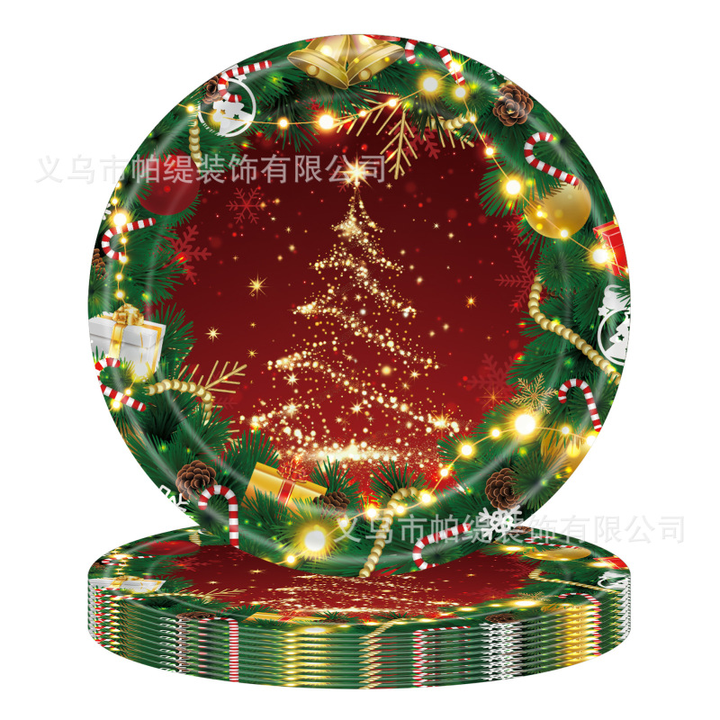 新しい赤と緑のクリスマスパーティーの装飾食器セット使い捨て紙皿ティッシュペーパーカップテーブルクロス装飾用品|undefined