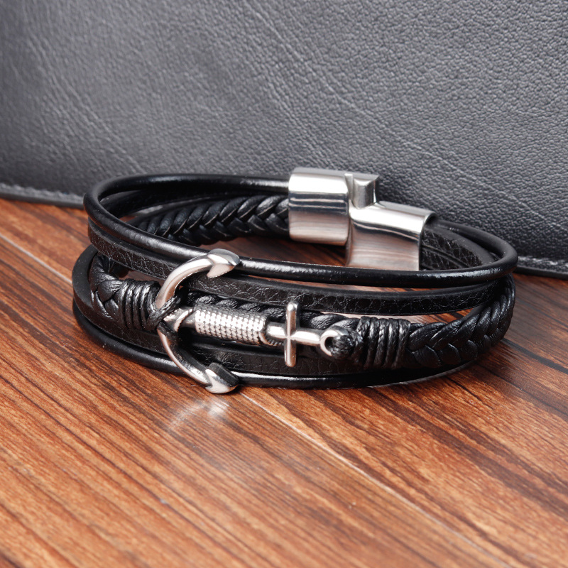 Layered, Polishing Design Retro Anchor Leather Titanium Steel Layered Polishing Men's Bracelets Men Cord & Leather Bracelets