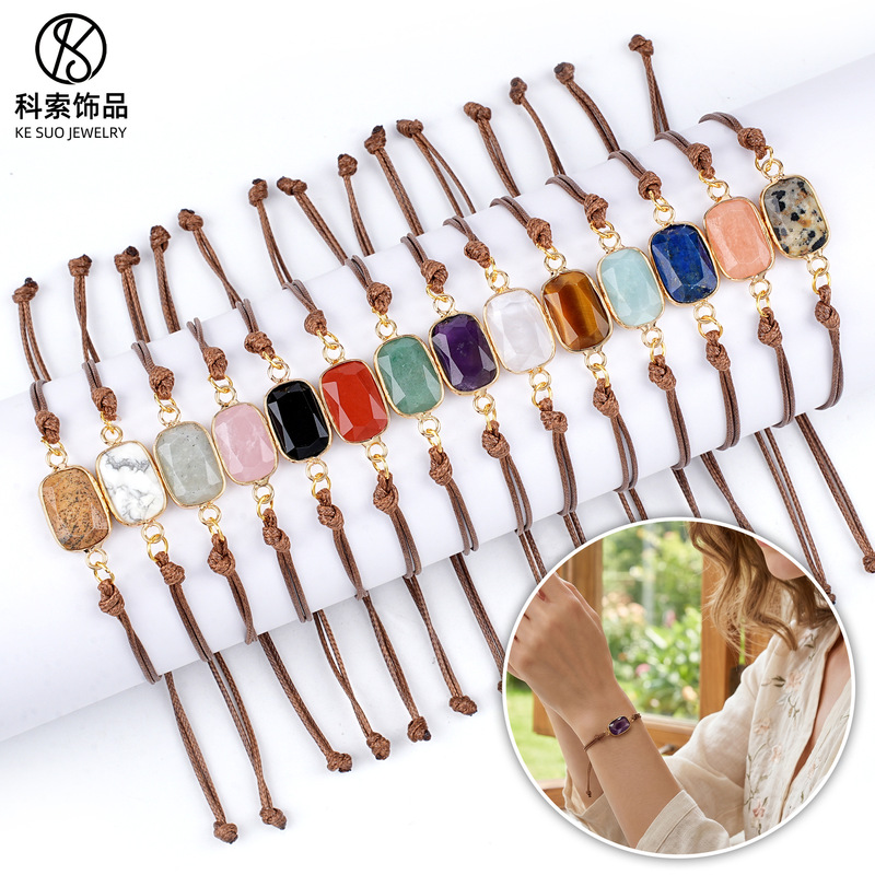 Cross-Border Natural Semi-Precious Stone Bracelet, Vintage Handmade Braided Adjustable Bracelet with Cut-Edge Natural Crystal Rectangular Bracelet Cross-Border Natural Semi-Precious Stone Bracelet, Vintage Handmade Braided Adjustable Bracelet with Cut-Edge Natural Crystal Rectangular Bracelet