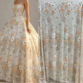 高订布料网纱重手工亮片定位大花刺绣辅料珠管绣婚纱礼服面料lace