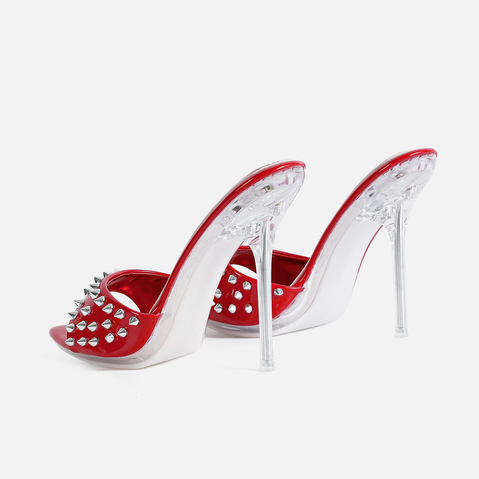 Dép sandal nữ quai ngang gót nhọn 12 cm đính đá pha lê và đinh tán, hở mũi, cỡ lớn — Màu be, Màu bạc, Màu trắng, Màu tím chi tiết 3