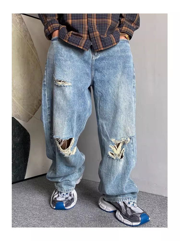 Men's Retro High Waist Dad Jeans Spring Summer Casual Loose Fit Wide Leg Ripped Straight Leg Floor Length_mkmklike.com