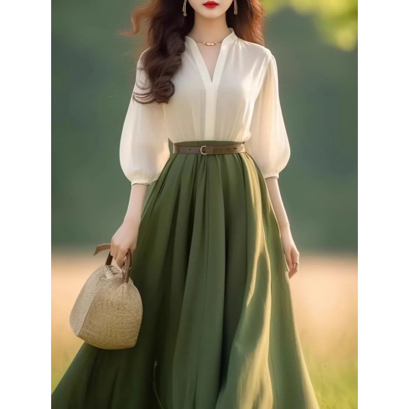 High-End Seaside Vacation Fragrance Fresh Skirt 2025 Summer Women's Green Fake Two-Piece Shirt Dress