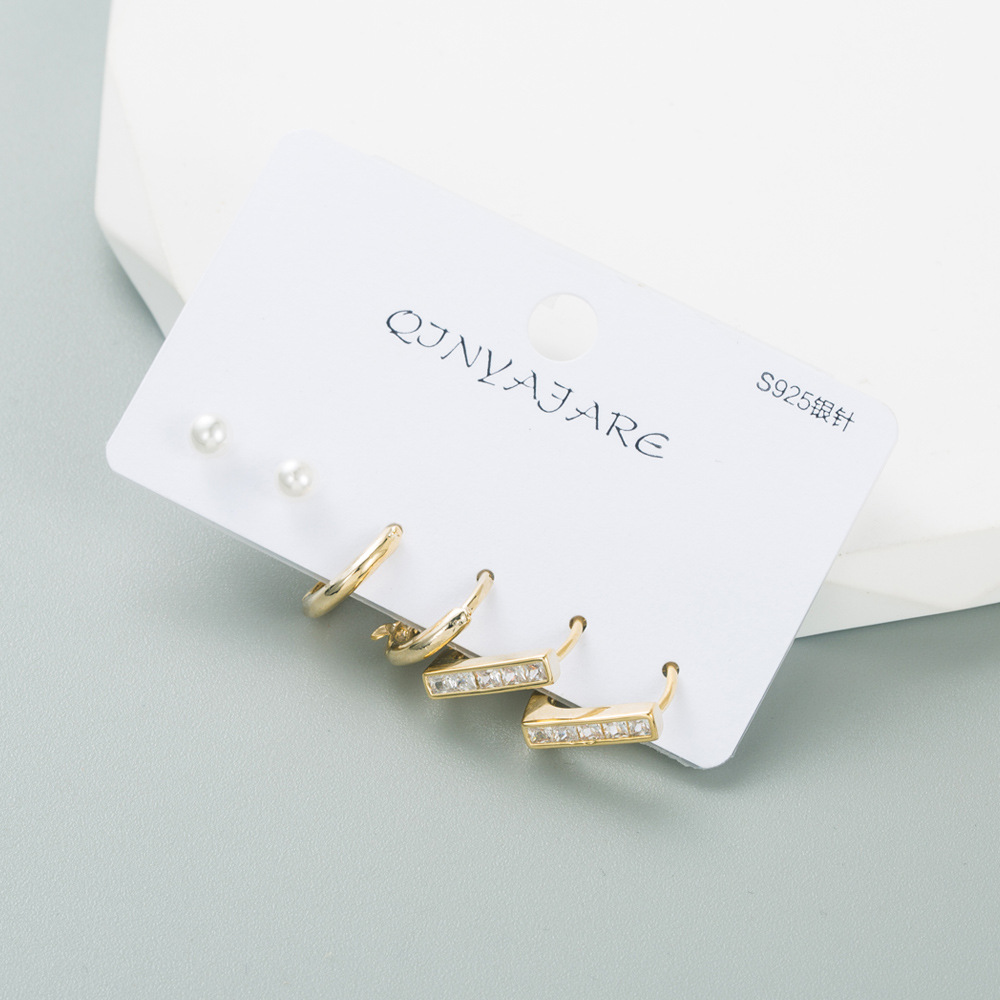 Fashion C Shape Copper Earrings Plating Inlay Zircon Copper Earrings 3 Pairs