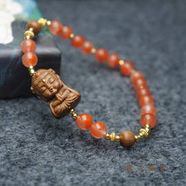 天然老山檀檀香雕刻件 观音宝宝 天然南红 设计款单圈 设计款文创