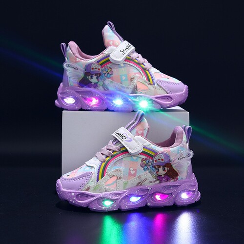 Girls 'shoes with lights Spring and Autumn mesh casual and comfortable children's sneakers, middle children's cartoon glowing children