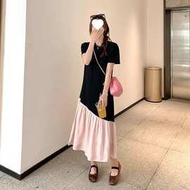 不规则撞色拼接短袖连衣裙女设计感宽松显瘦圆领T恤长裙新款