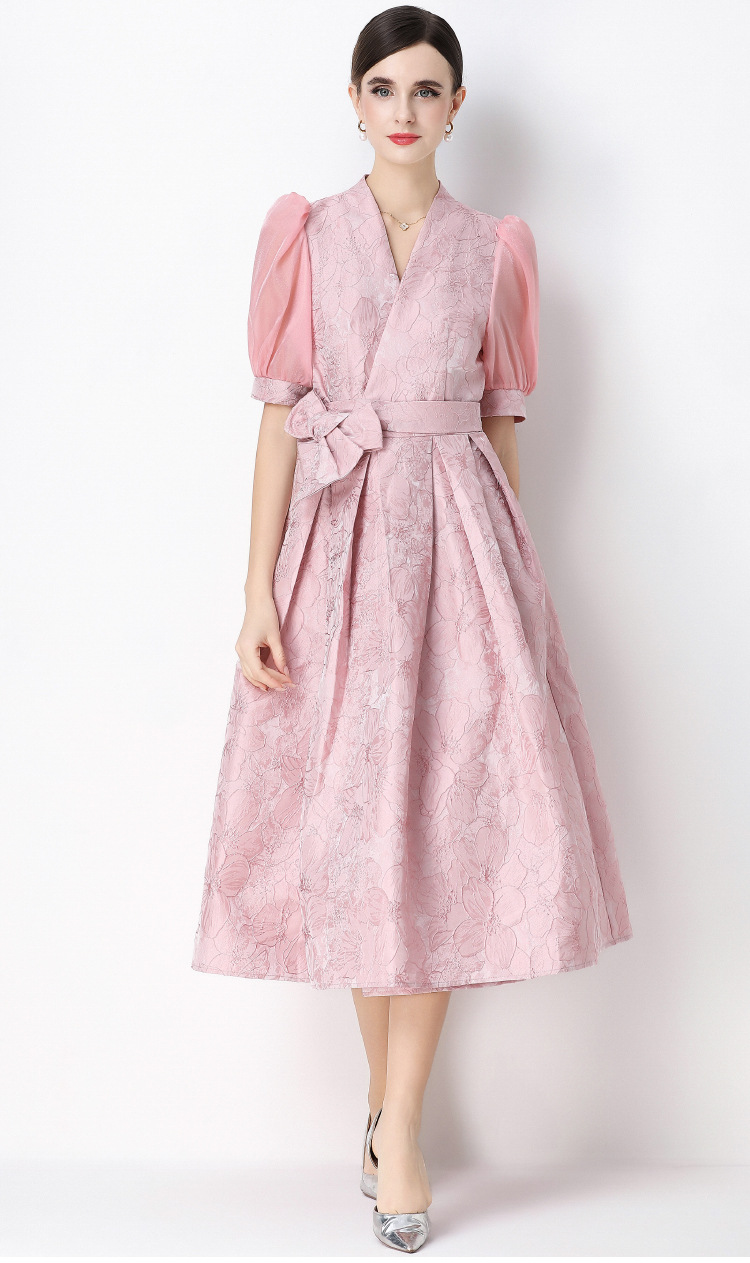 Đầm maxi nữ thắt eo V cổ tay ngắn họa tiết jacquard thanh lịch — màu đen, xanh lam, Màu hồng, màu trắng chi tiết 13