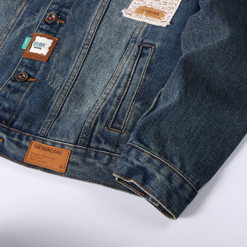 Herr jeansjacka i vintage stil lös passform vår och höst_voghion.com