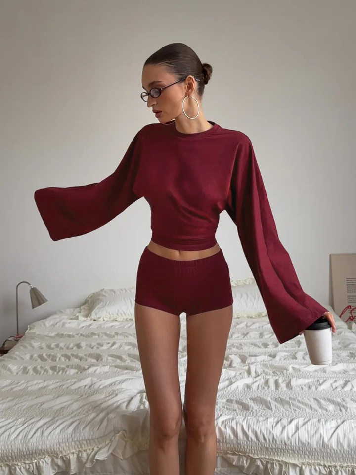 Áo thun nữ dệt kim dài tay cánh dơi dáng ngắn chiết eo xếp ly phong cách công sở — Màu hồng, Màu kaki, Màu trắng, Xanh tím than chi tiết 57