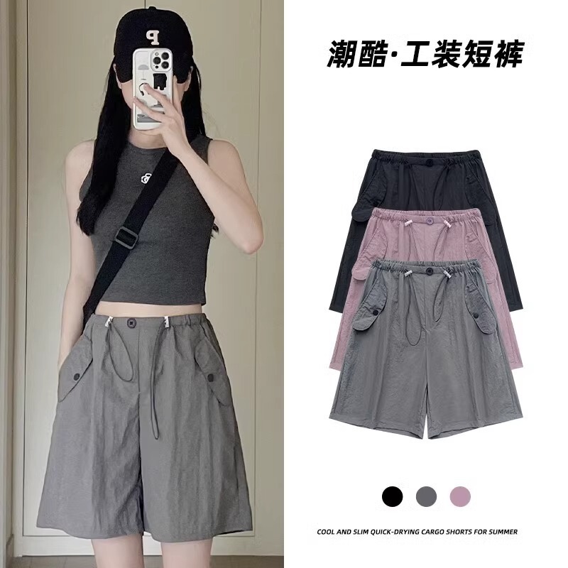 Gray women's summer work shorts, thin, high-waisted, casual, wide-leg design, quick-dry, sporty, American-style, knee-length pants Gray women's summer work shorts, thin, high-waisted, casual, wide-leg design, quick-dry, sporty, American-style, knee-length pants