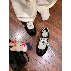 牛皮版~葡萄妈系带拼色圆头百搭休闲风真皮板鞋增高阿甘德训鞋女