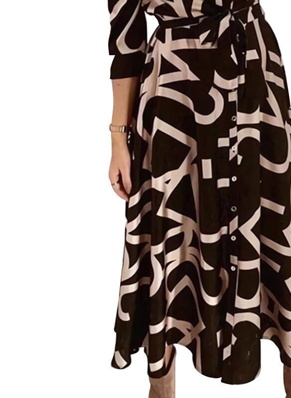 امرأة تنورة على شكل حرف A موضة رقبة على شكل V طباعة كم طويل طباعة فستان طويل ماكسي اليومي display picture 7