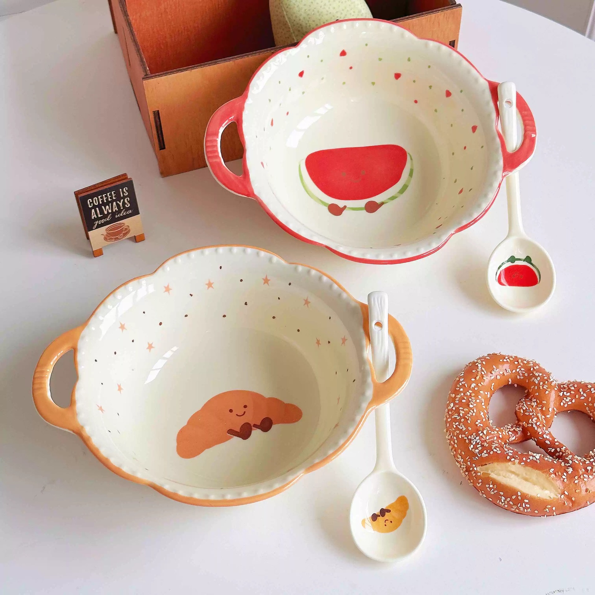 [4-piece set] [Watermelon + Croissant] 8.5-inch double-ear soup bowl + spoon