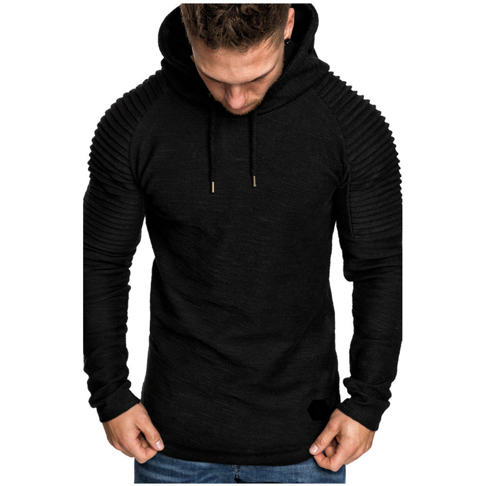 Men's Clothing Autumn and Winter New Round Neck Slim Fit Solid Color Hooded Long Sleeve Sweater Striped Pleated Raglan Sleeve Men's Clothing_voghion.com