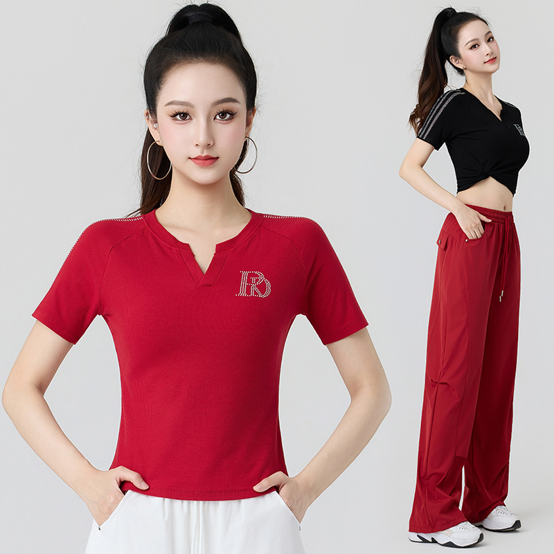 2026 New Style Small V-Neck Vertical Stripe Rhinestone-Studded Trendy Fashion Casual Versatile Slim-Fit Short-Sleeve T-Shirt for Women