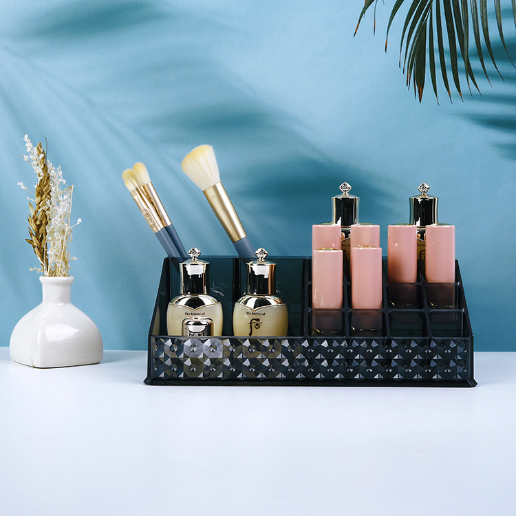 半透明化妆收纳盒 黑色钻石纹化妆品 口红架卸妆棉美妆组合收纳盒