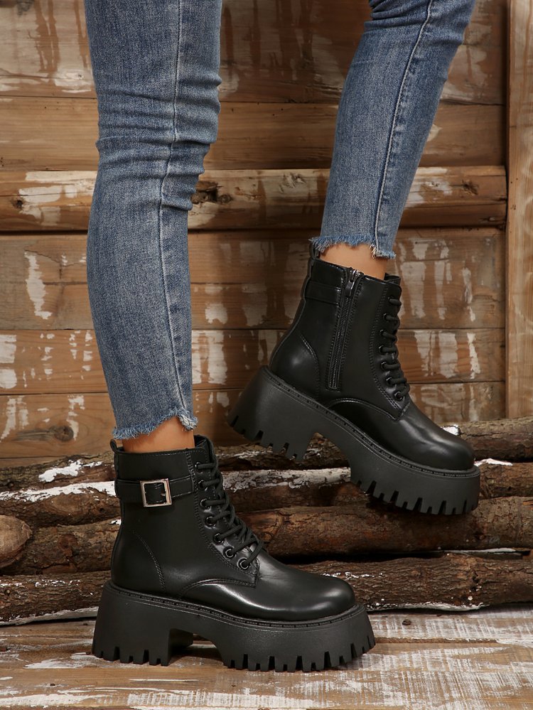 Big yards thick bottom casual short boots female new increased height England biker short boots boots_voghion.com