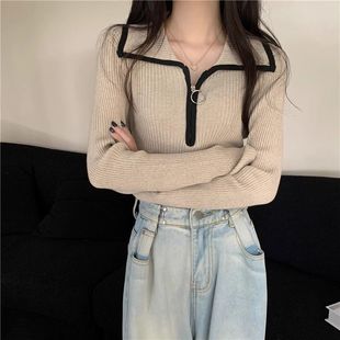 High-end Color Contrast Half-zipper Lapel Sweater Women's Autumn and Winter Inner Base Slim-fit Slimming Knitted Long-sleeved Top