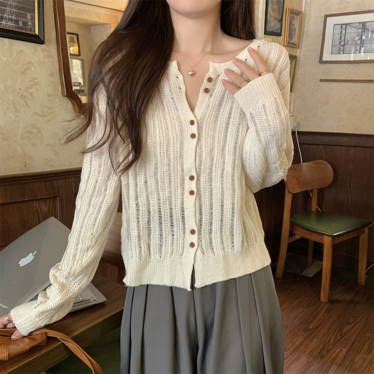 Real shot spring and summer Korean version of loose single-breasted hollow lazy temperament knitted sweater long sleeve coat top 79336