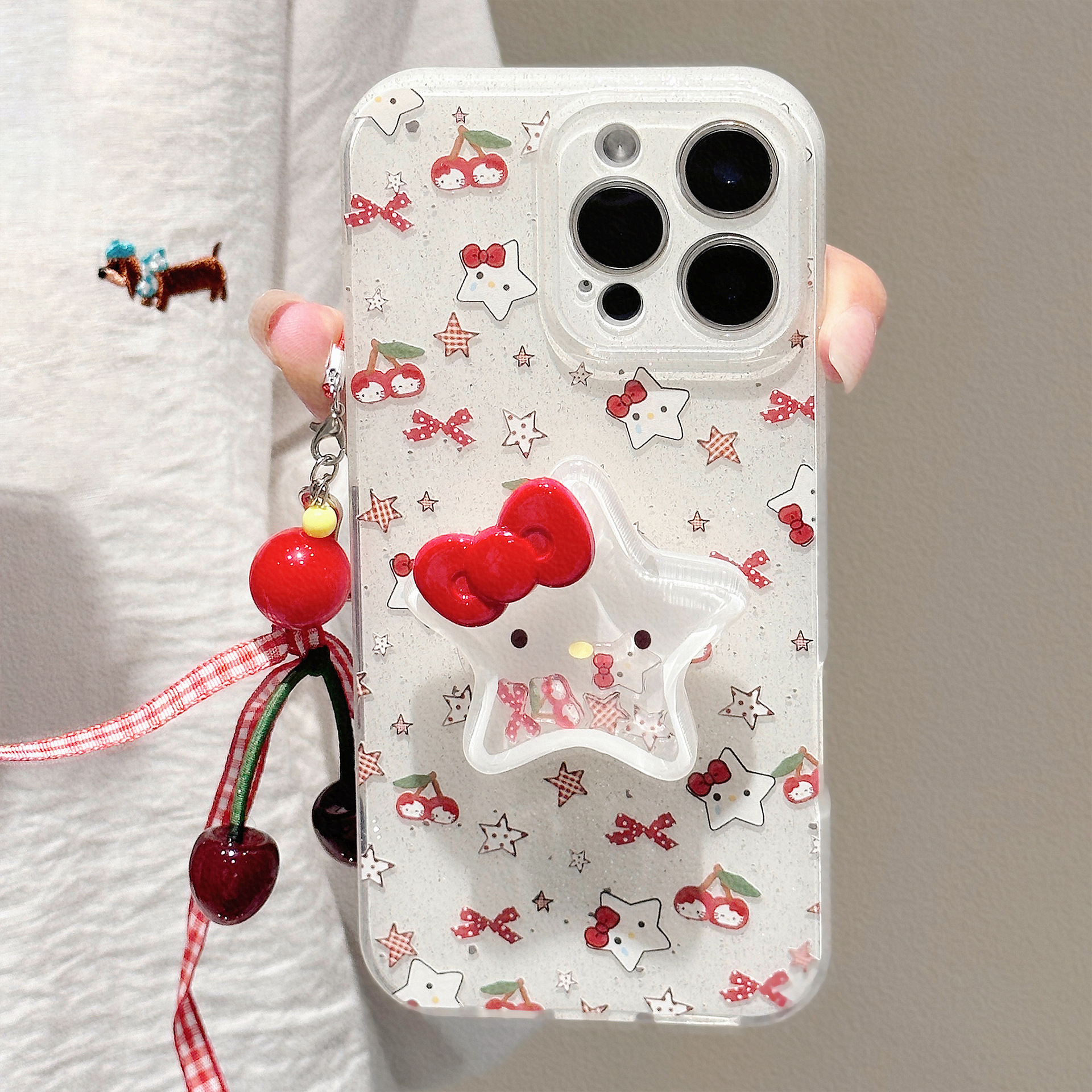 Funda brillante para iPhone 16, compatible con el teléfono Apple 13, diseño de gato cereza, con soporte para iPhone 15 Pro Max, colgante para iPhone 17