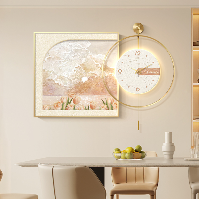 奶油风挂钟餐厅装饰画带钟表现代简约饭厅餐桌背景墙挂画客厅壁画
