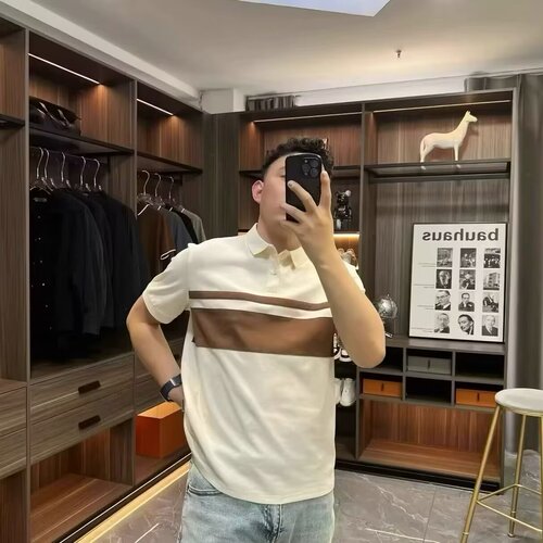 Summer New Men's Collar Striped POLO Loose Casual Color-blocked Short-sleeve T-shirt Simple Fashion Design Top