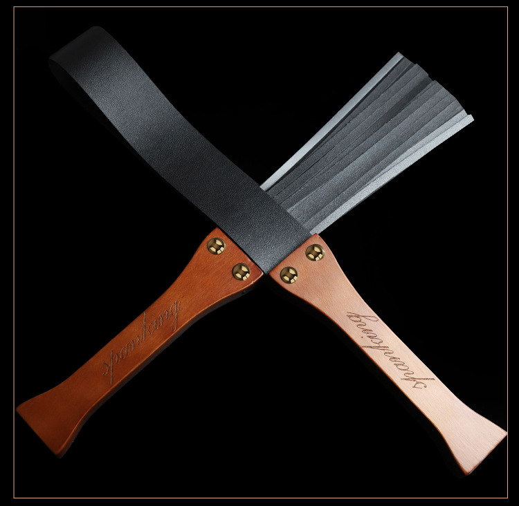 Black Faux Leather Riding Crop Whip with Wooden Handle for Adult Bondage Play — detail image 16