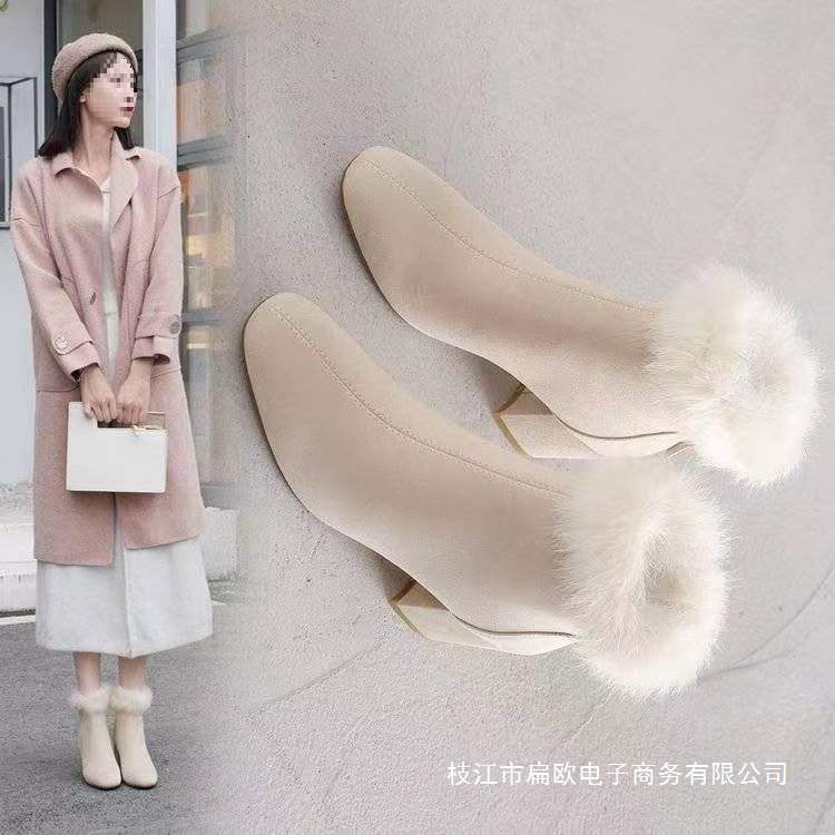 真兔毛雪地靴女2025年四季新款绒面高跟马丁靴加绒四季保暖棉靴子