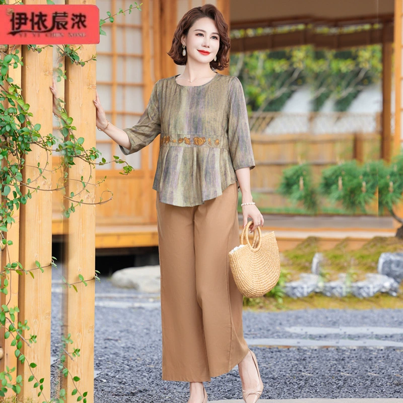 50-летняя мама с короткими рукавами 2024 летом новая женская одежда среднего возраста, покрывающие живот, футболка из двух частей оптом