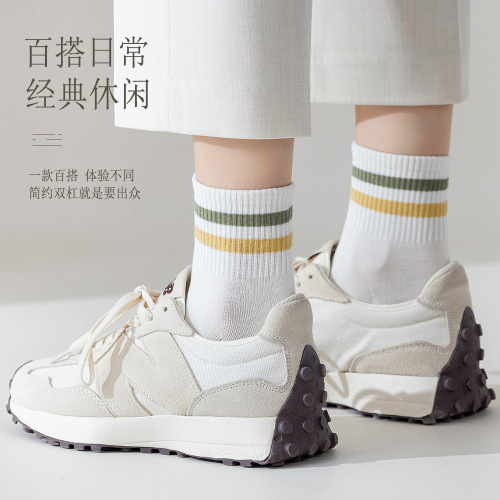 95% cotton mid-calf socks pure cotton spring, summer and autumn striped women's socks combed cotton two-bar four-season socks antibacterial and deodorant socks