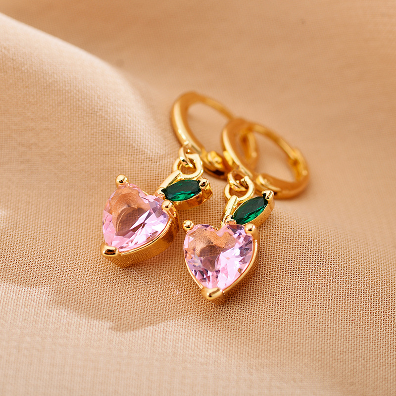 Daily, Shopping Occasion Copper Material 1 Pair Elegant Leaves Heart Shape Strawberry Inlay Copper Zircon Drop Earrings
