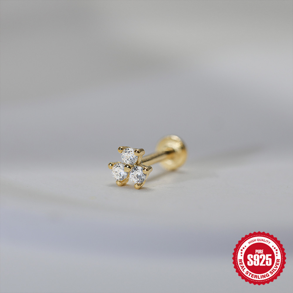 INS estilo simple personalidad de la moda triple diamante s925 plata esterlina 16G hilo cabeza plana piercing cartílago espárragos