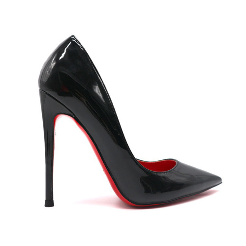 Black patent leather, minimalist, sexy low-cut designer women's shoes with a vibrant red lining and sky-high heels.