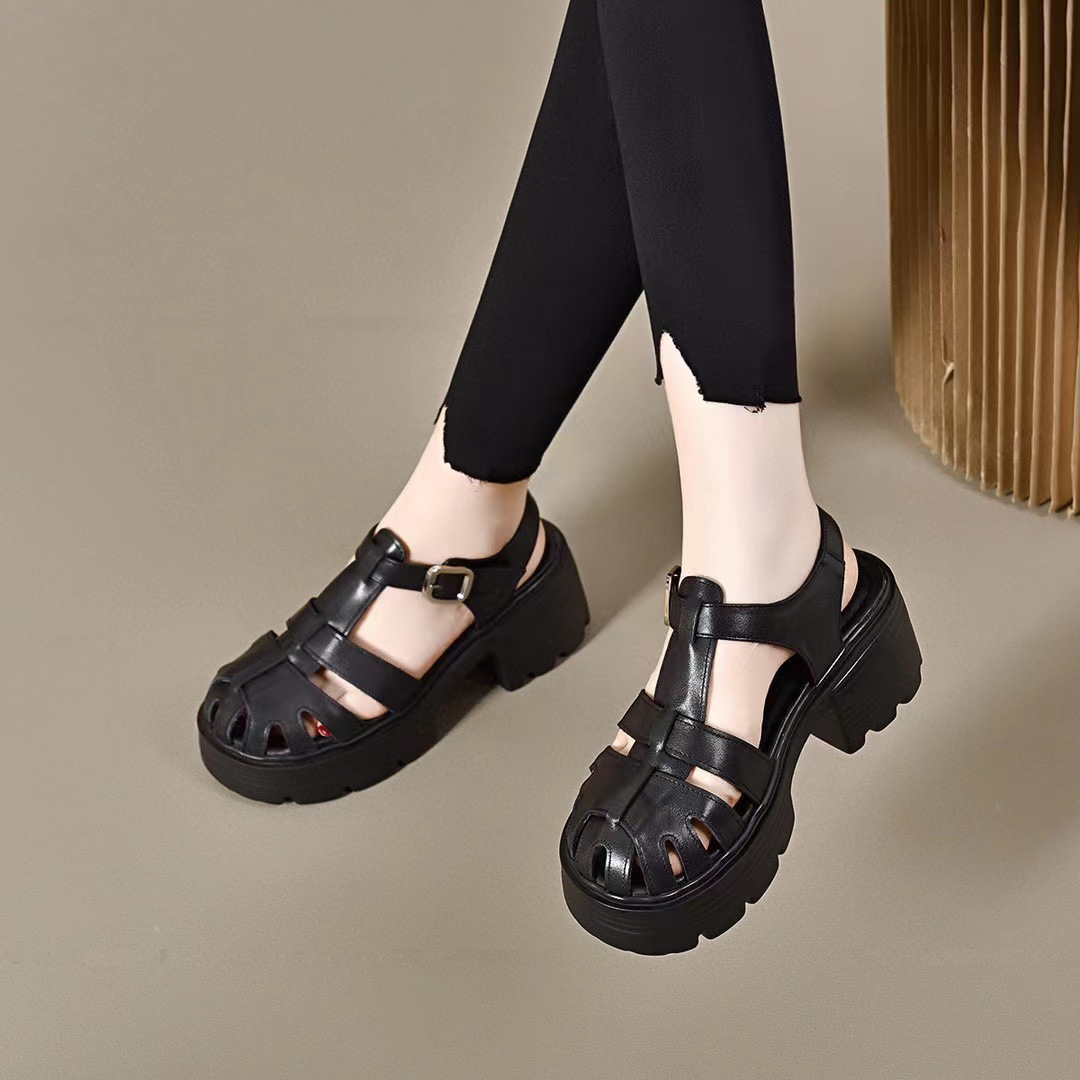 Dép sandal La Mã nữ đế dày da thật mũi tròn gót dày khoét lỗ thoáng khí tăng chiều cao — màu be chi tiết 3