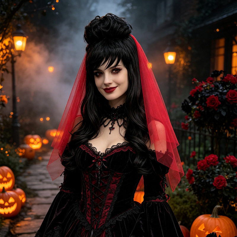 Halloween Netherworld Wizard Beetle Juice Lydia Dark Witch Red Veil Vintage Gothic High-Crown Wig Halloween Netherworld Wizard Beetle Juice Lydia Dark Witch Red Veil Vintage Gothic High-Crown Wig