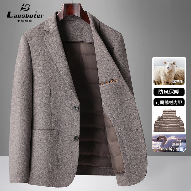 Áo vest nam len hai lớp lót lông ngỗng tháo rời, form ôm vừa, tay dài, cổ vest — Cà phê xám, Màu xanh hải quân đậm, con lạc đà, màu xám