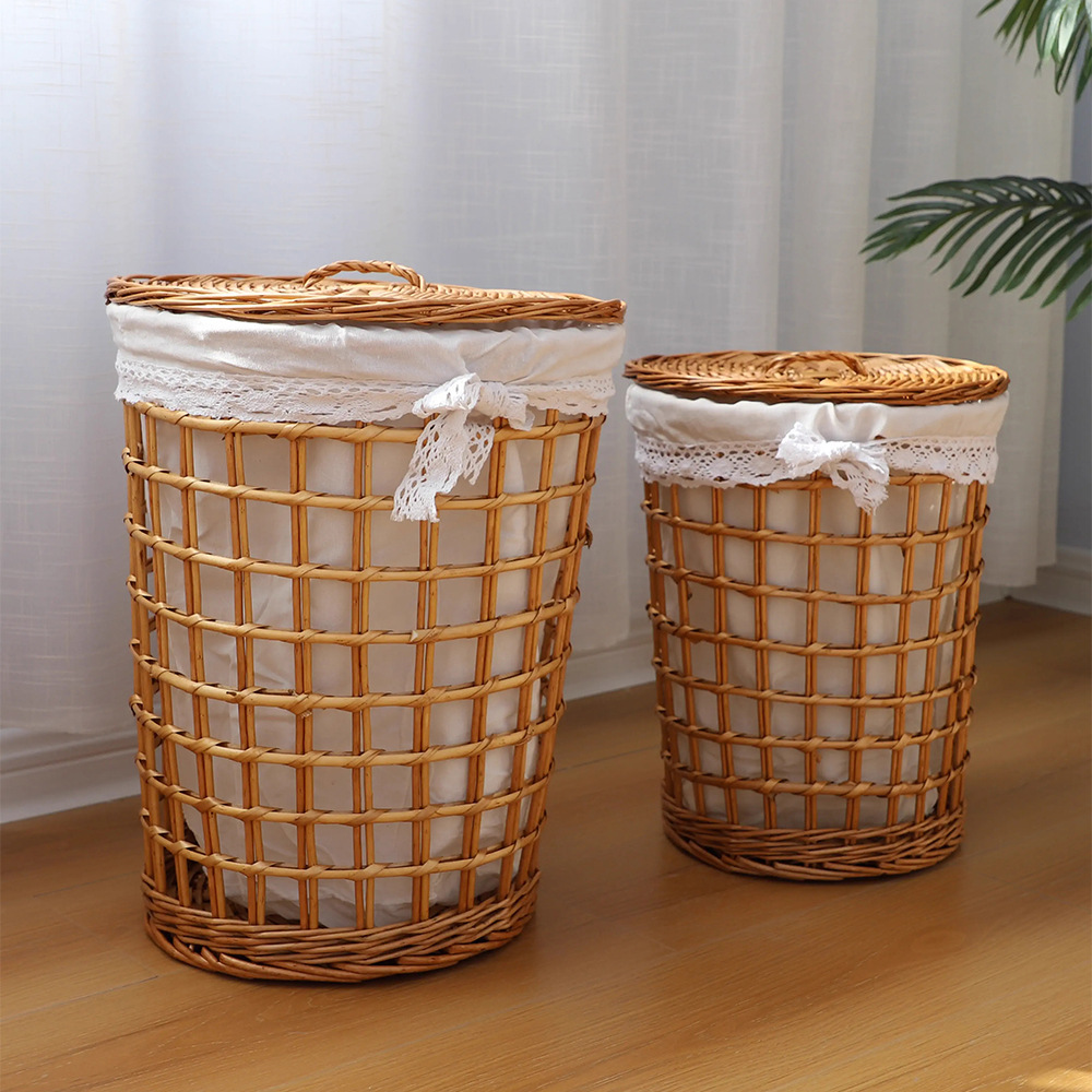 Cesta de almacenamiento de sauce personalizada con cubierta vacía con cesto de ropa sucia para tiendas de hotpot de caña pastoral