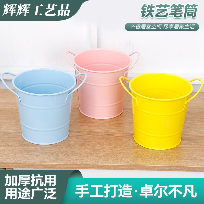 Caramelo color hierro forjado bolígrafo de doble oreja barril verde maceta de flores de escritorio de almacenamiento decoración mini barril de hierro