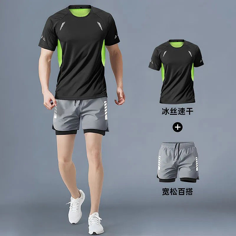 夏季运动套装男可放手机速干短袖短裤跑步健身篮球训练服套装|undefined